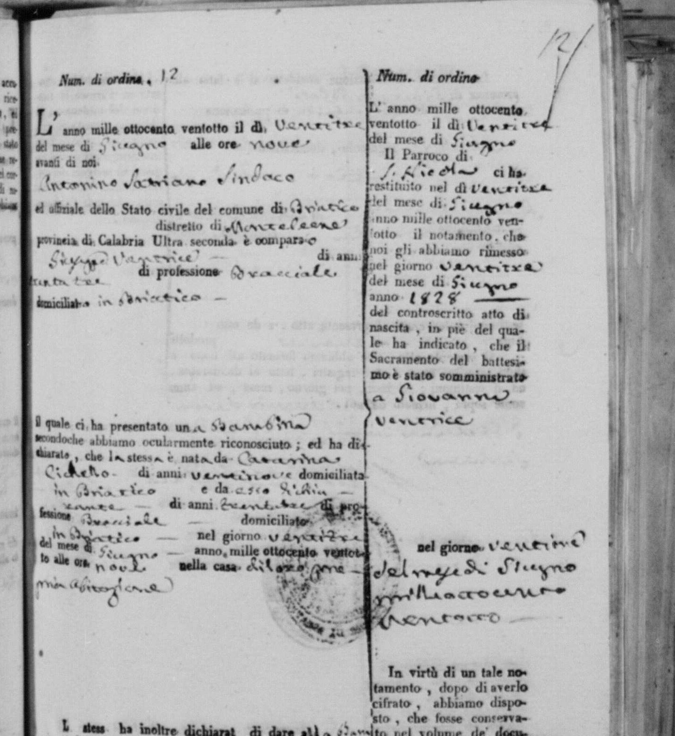 Briatico, Nati 1828, atto 12
