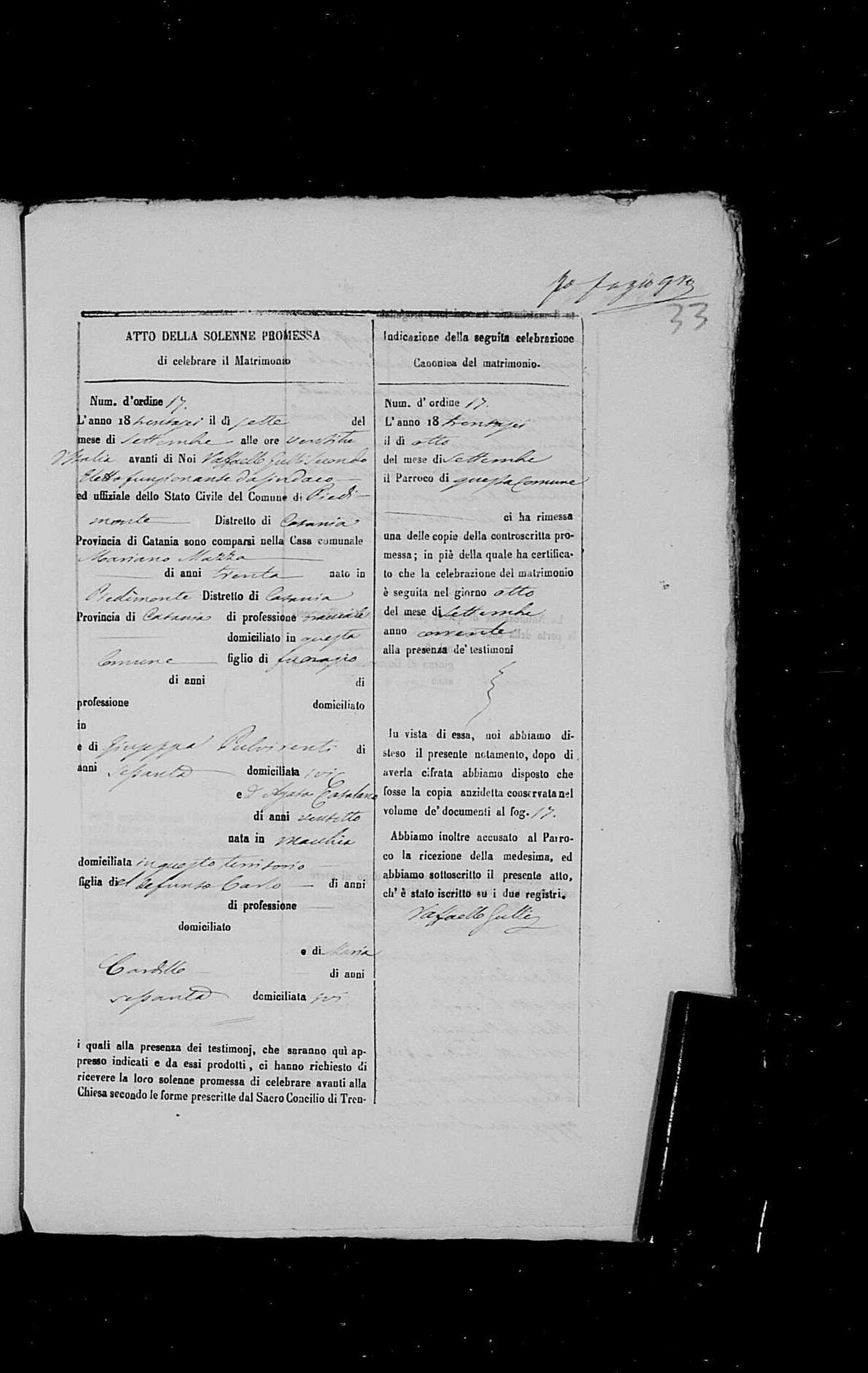 Mariano Mazza marries Agata Catalano — 7 September 1836 (a lead)