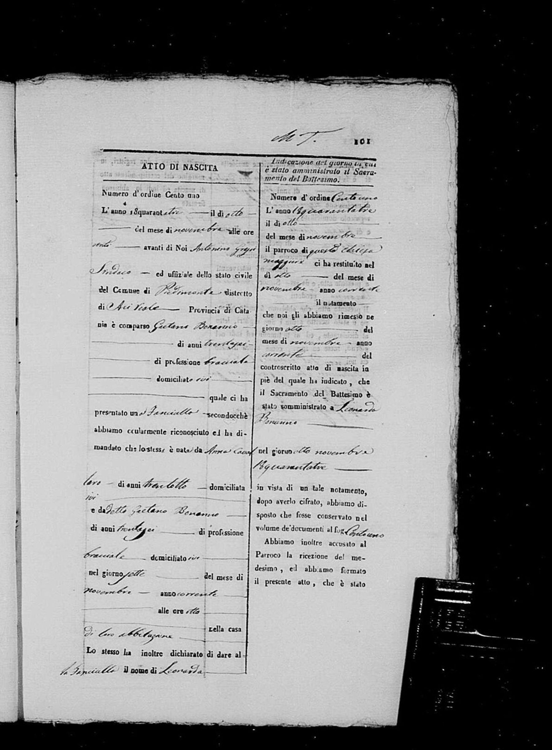 The birth of Leonarda Bonanno — 7 November 1843