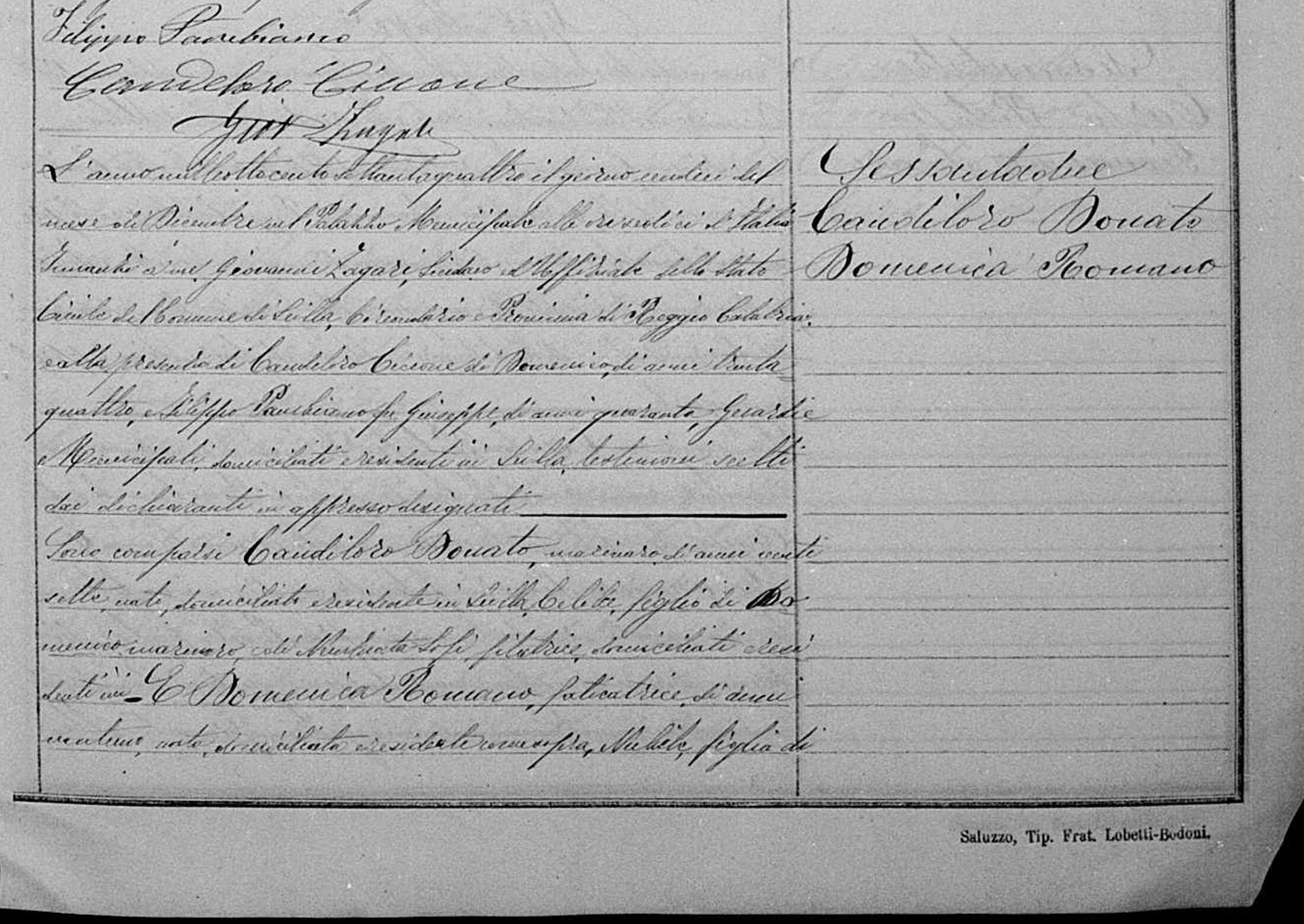 Candeloro Donato marries Domenica Romano — 11 December 1874