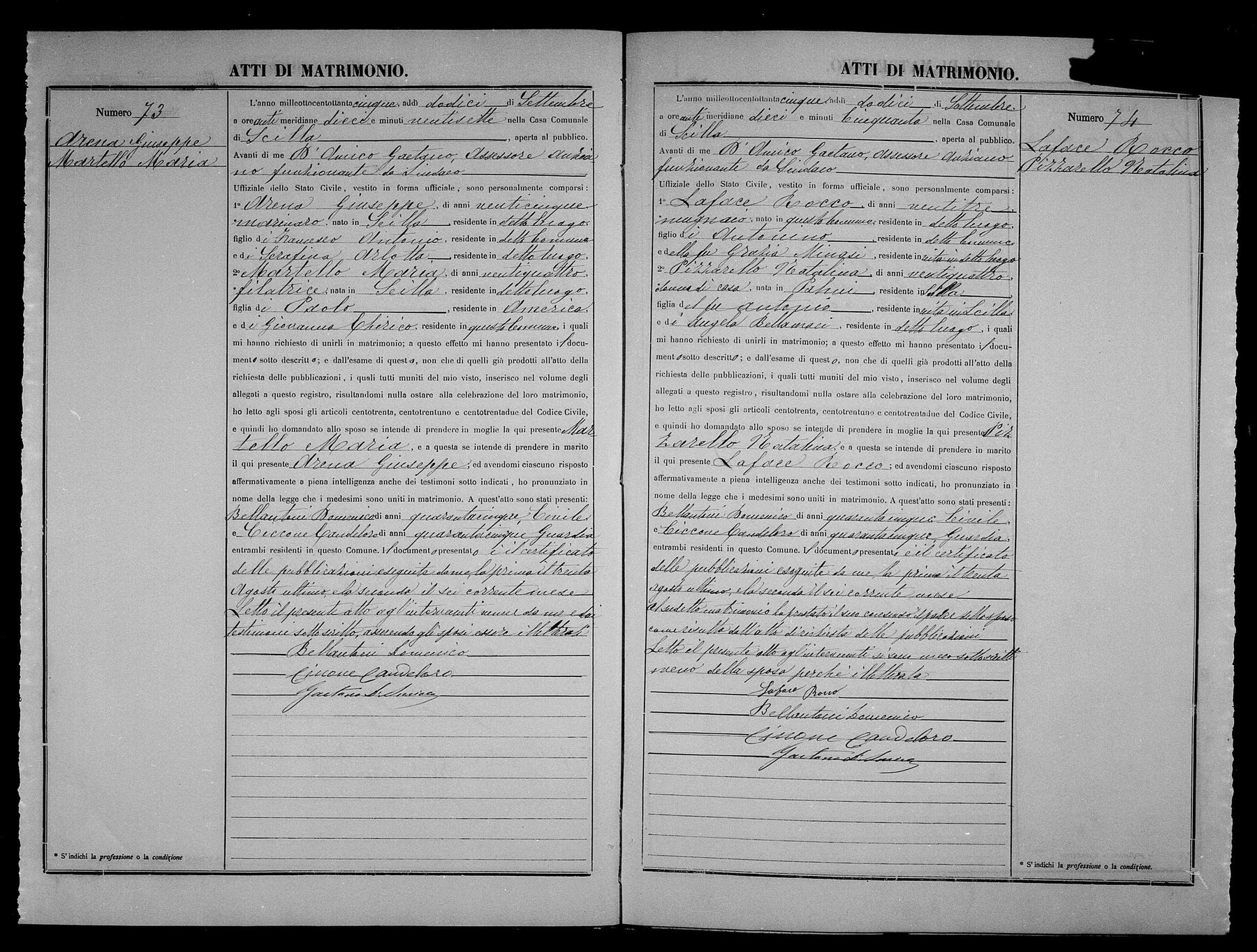 Giuseppe Arena marries Maria Martello — 12 September 1885