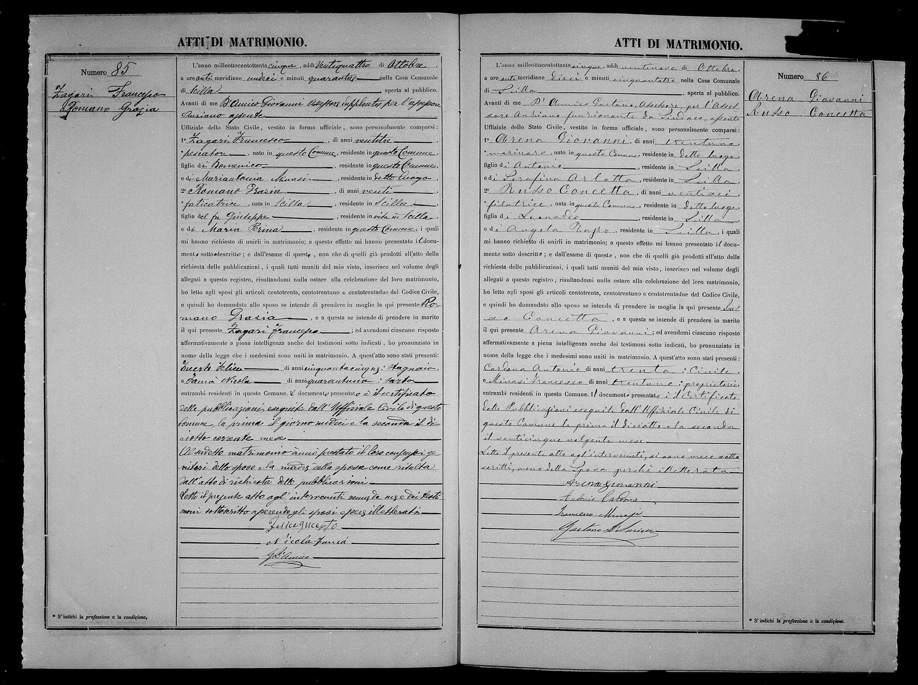 Giovanni Arena marries Concetta Russo — 29 October 1885