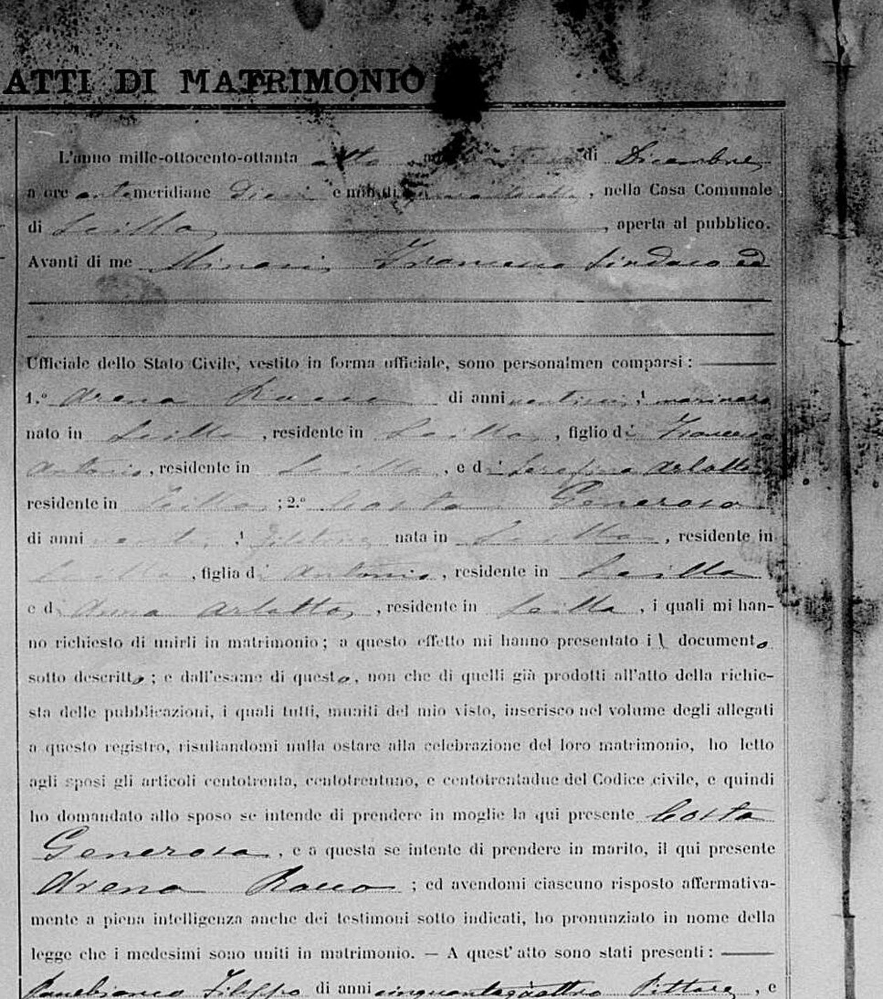 Rocco Arena marries Generosa Costa — December 1888