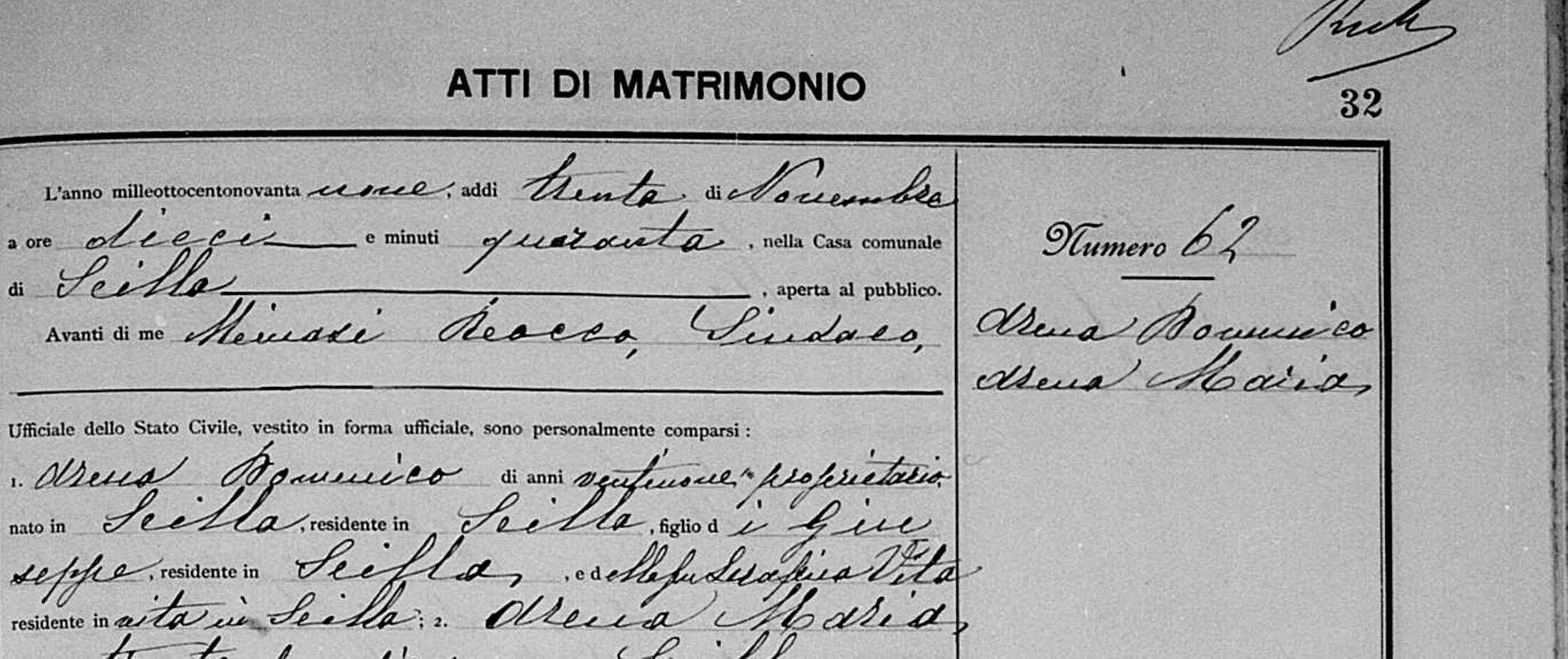 Arena Domenico marries Arena Maria — 30 November 1899