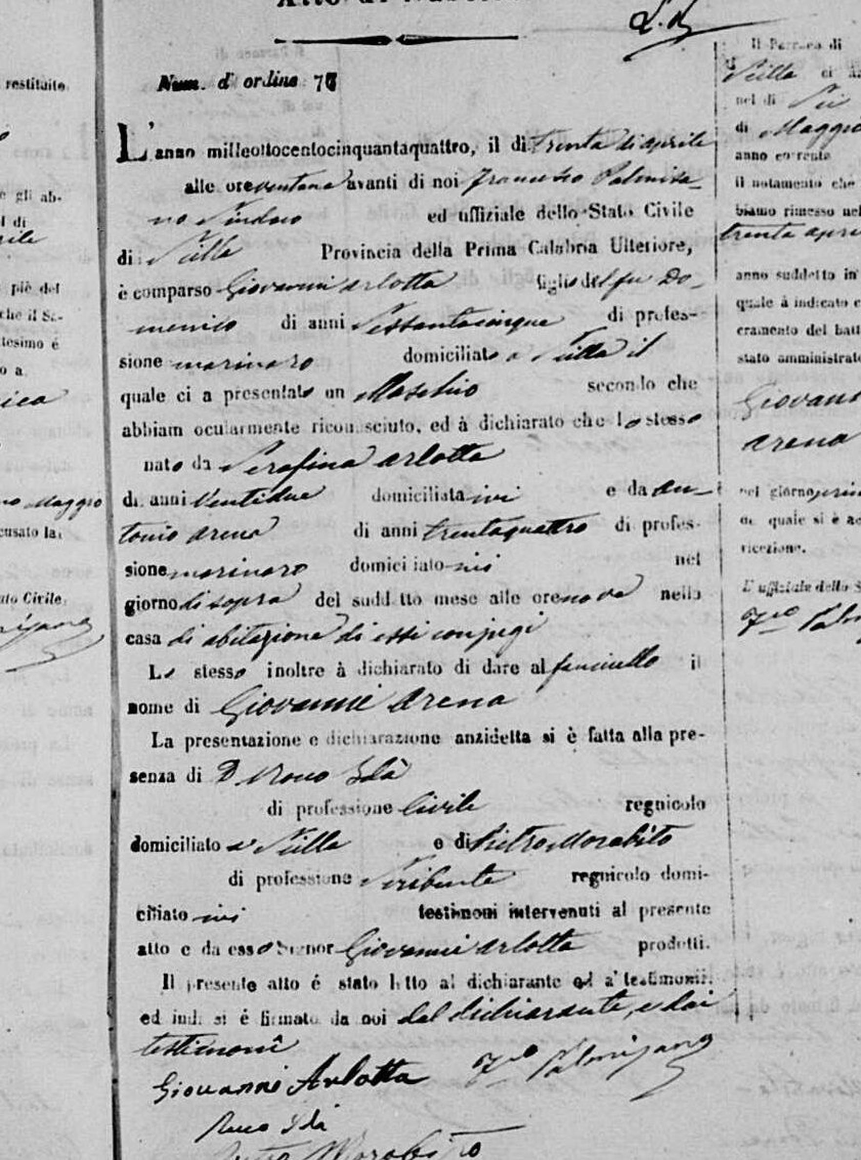 The birth of Giovanni Arena — 30 April 1854