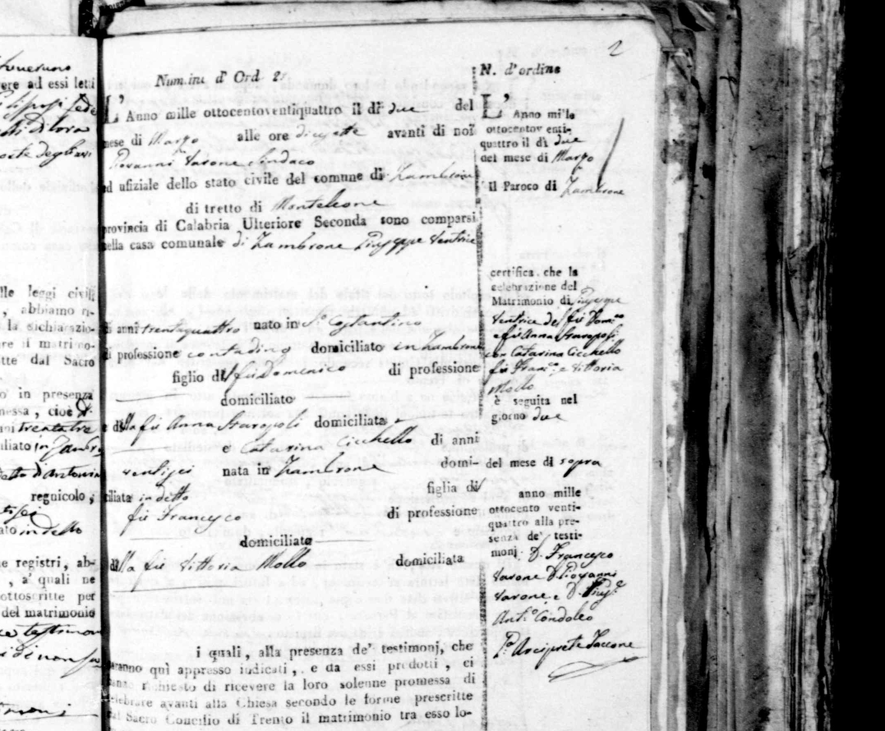 GIUSEPPE VENTRICE x CATERINA CICHELLO — Zambrone, 2 March 1824